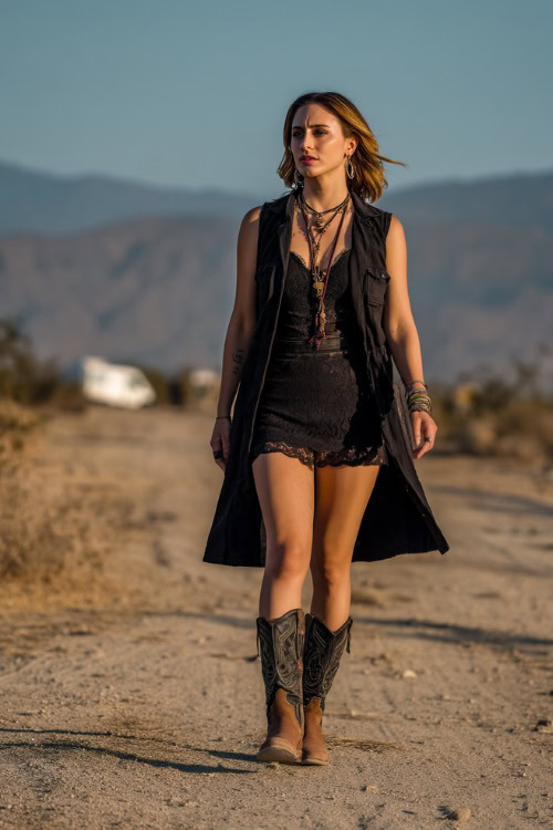 A woman in a long black trench-style vest over a lace top and mini skirt, paired with cowboy boots and layered jewelry, warm desert path behind her
