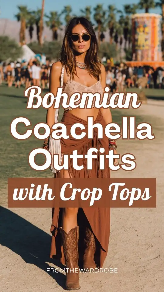 A woman over 30 wears a bohemian Coachella outfit with a crop top, caramel cowboy boots and breezy high-slit maxi skirt