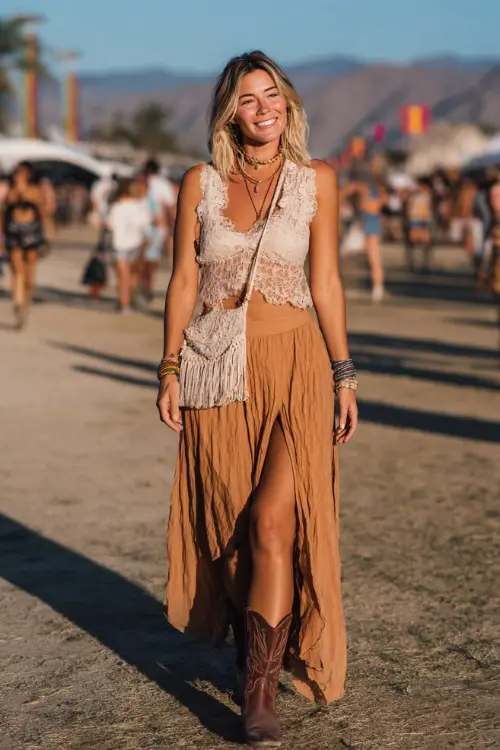 A woman over 30 wears caramel cowboy boots with a delicate lace crop top and breezy high-slit maxi skirt