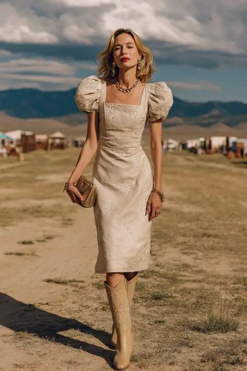 A woman over 40 wears beige cowboy boots with a chic midi dress featuring puff sleeves and delicate embroidery