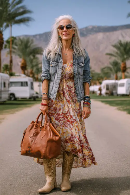 A woman over 40 wears beige cowboy boots with a printed maxi dress and a relaxed denim jacket, accessorized with oversized sunglasses and a leather handbag