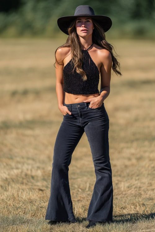 A woman wearing a black sequin halter top, dark flared jeans, black boots, and a wide-brim hat, dry field with soft light behind her