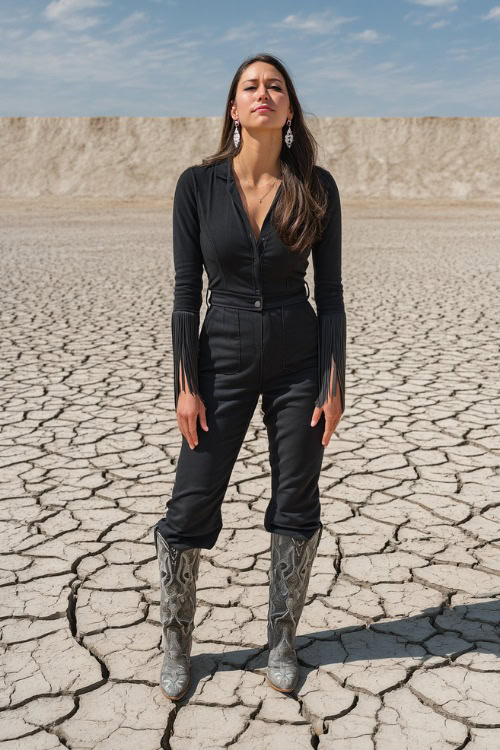 A woman wearing a fitted black jumpsuit with fringe sleeves, silver earrings, and snakeskin black cowboy boots, standing on a pale cracked earth background
