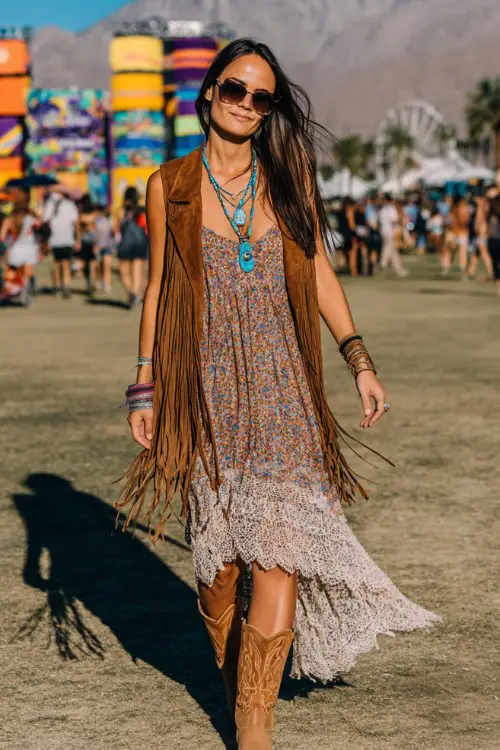 A woman wears tan cowboy boots with a flowing crochet maxi dress and dramatic bell sleeves, layered with a suede fringe vest and stacked turquoise necklaces