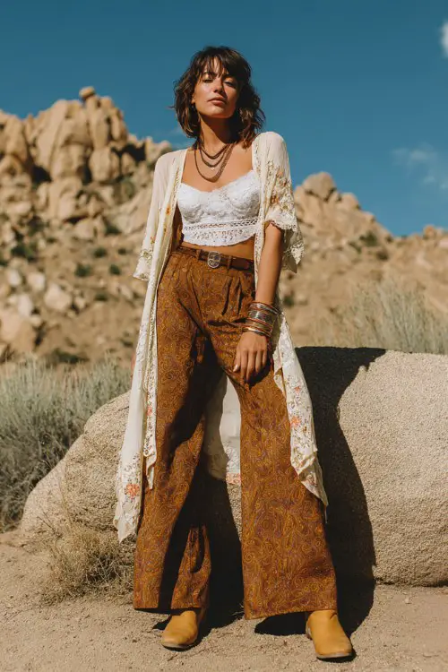 A woman wears white cowboy boots with a flowing chiffon maxi dress featuring delicate floral embroidery and high slit