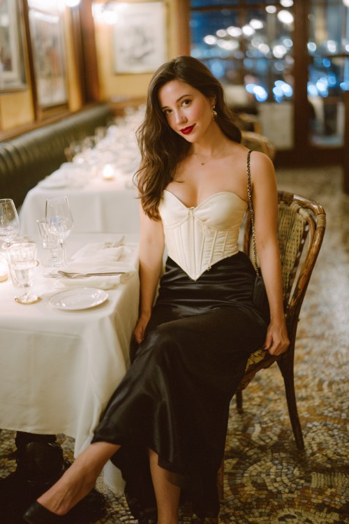 Woman in an ivory corset top and black satin midi skirt, styled with black heels and a small shoulder bag