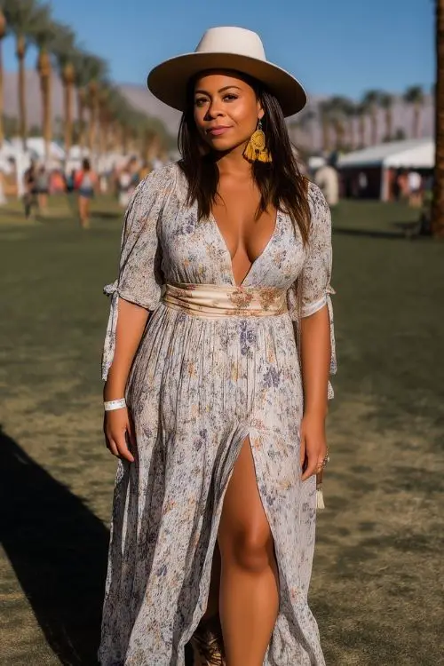 a plus size woman wears a boho dress with a belt and hat for Coachella