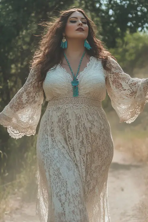 plus size woman standing outdoors in nature, wearing a cream lace bohemian maxi dress with long bell sleeves and a deep v neckline, turquoise tassel earrings