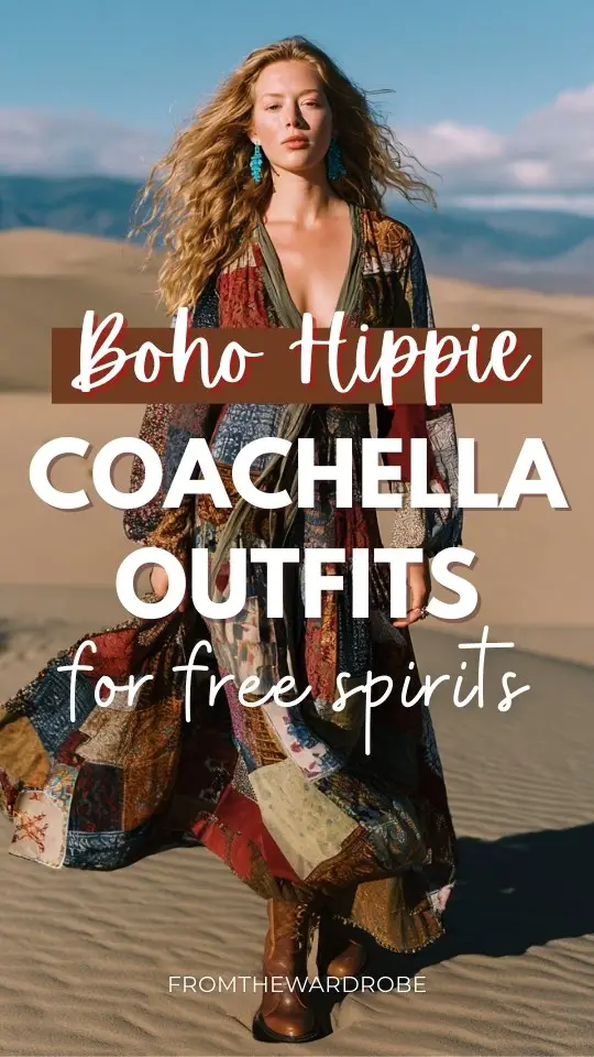 a woman wearing a boho hippie Coachella outfit with a patchwork boho maxi dress with mixed earthy prints, long sleeves and a deep V neckline, cinched waist