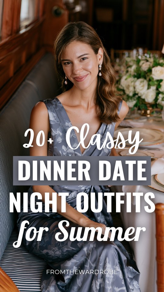 a woman wears a classy summer dinner date night outfit with a gray floral dress