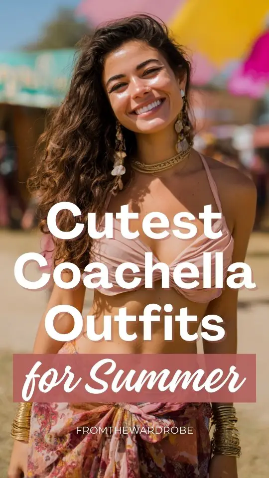 a woman wears summer Coachella outfit with a ruched pastel bralette and flowy floral wide-leg boho pants, stacked gold bangles and large earrings