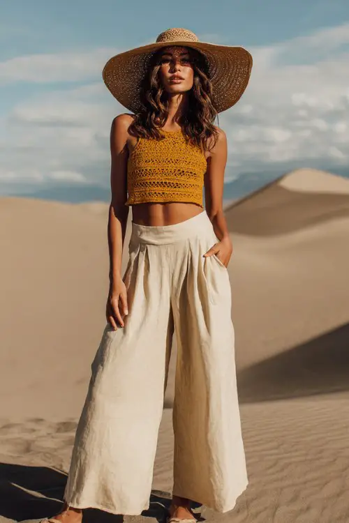 bohemian desert fashion shoot, woman standing on sand dunes wearing a mustard crochet crop top, high-waisted linen wide-leg pants in earthy tan