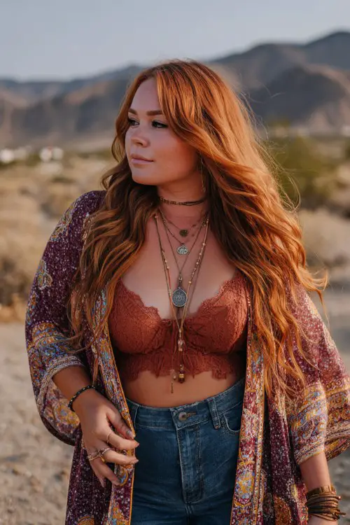 boho festival outfit, plus size woman at festival, long wavy auburn hair flowing in the wind, wearing a patterned bohemian kimono, rust colored lace bralette