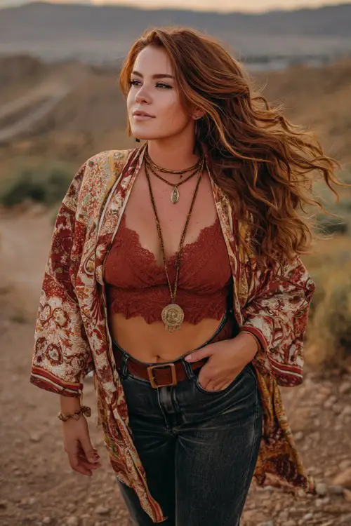 curvy woman walking on a dusty canyon trail, long wavy auburn hair flowing in the wind, wearing a patterned bohemian kimono, rust colored lace bralette, high waisted skinny jeans