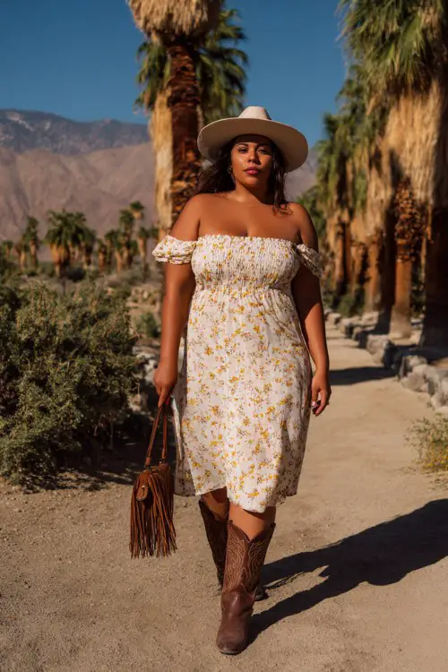 plus size woman walking along a sunny desert path lined with palm trees, wearing an off shoulder cream floral midi dress, western cowboy hat, brown cowboy boots