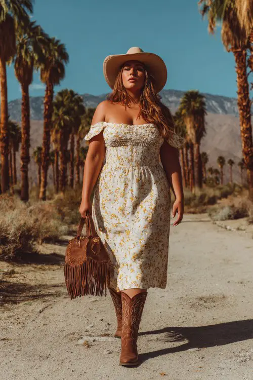 plus size woman walking along a sunny desert path lined with palm trees, wearing an off shoulder cream floral midi dress, western cowboy hat, brown cowboy boots