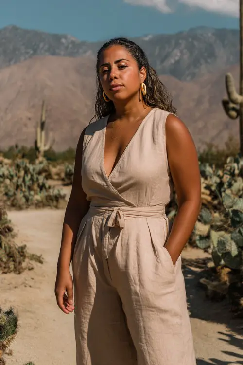plus-size woman wearing a beige sleeveless wide-leg jumpsuit with deep V neckline and belt at the waist, simple gold hoop earrings