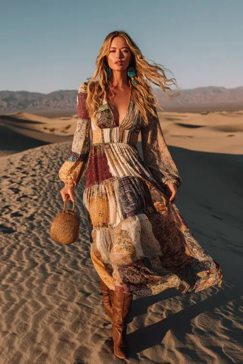 tall bohemian woman walking through golden sand dunes in the desert, wearing a flowing pat