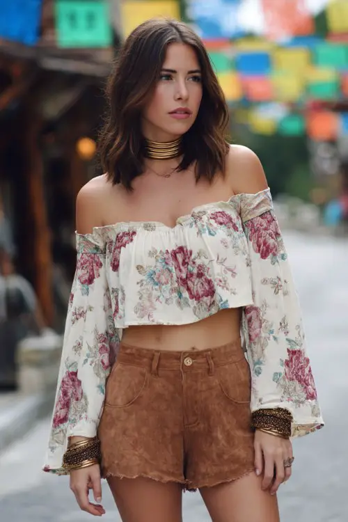woman in off shoulder ivory floral crop blouse with dusty rose sage green and muted lavender print, loose bell sleeves, high waisted camel tan suede shorts