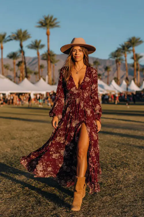 woman walking through Coachella wearing a flowing dark red floral boho maxi dress with thigh slit, tan suede ankle boots, wide brim hat