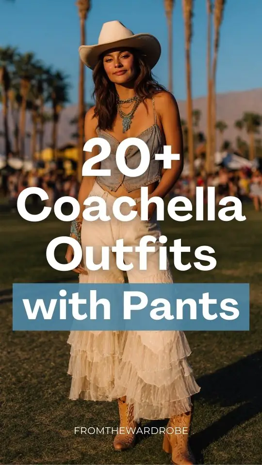 woman wearing a Coachella outfit with pants, cream cowboy hat, sleeveless denim vest top, turquoise jewelry necklace, western pointed boots