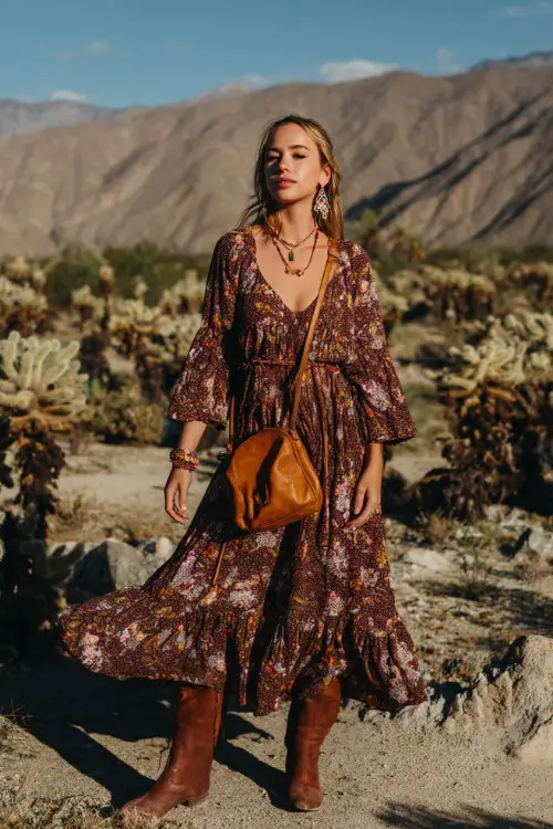 woman wearing a brown floral high-low maxi dress with flowy sleeves, paired with tall brown leather boots and a vintage leather shoulder bag, large statement earrings
