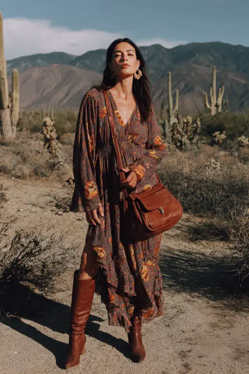 woman wearing a brown floral high-low maxi dress with flowy sleeves, paired with tall brown leather boots and a vintage leather shoulder bag