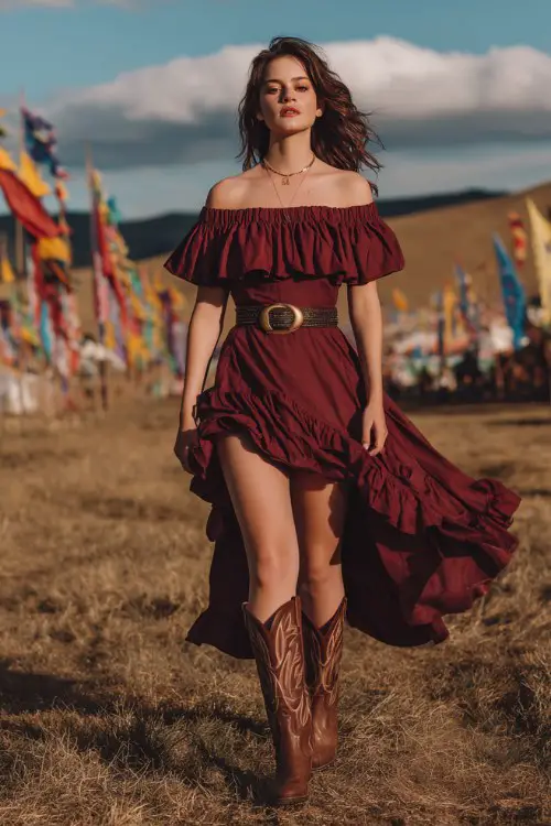 woman wearing a burgundy off-shoulder ruffled high-low dress with a leather belt and cowboy boots