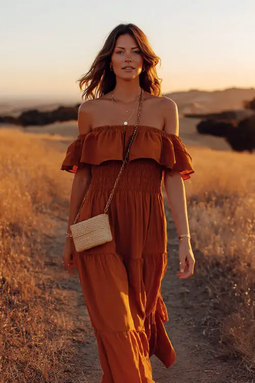 woman wearing a burnt orange off-shoulder flowy maxi dress with ruffled sleeves and cinched waist