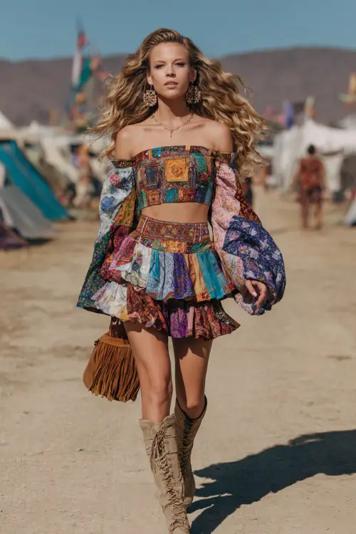 woman wearing a colorful patchwork off-shoulder crop top with long billowy sleeves and a matching ruffled mini skirt, intricate bohemian fabric patterns