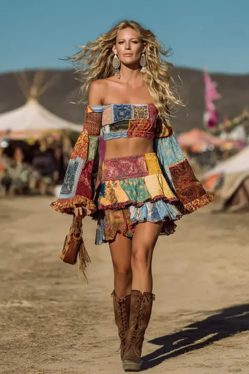 woman wearing a colorful patchwork off-shoulder crop top with long billowy sleeves and a matching ruffled mini skirt