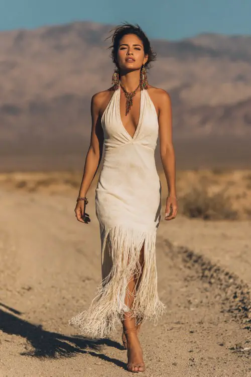 woman wearing a cream halter neck dress with deep neckline and fringe details along the hem, tassel earrings