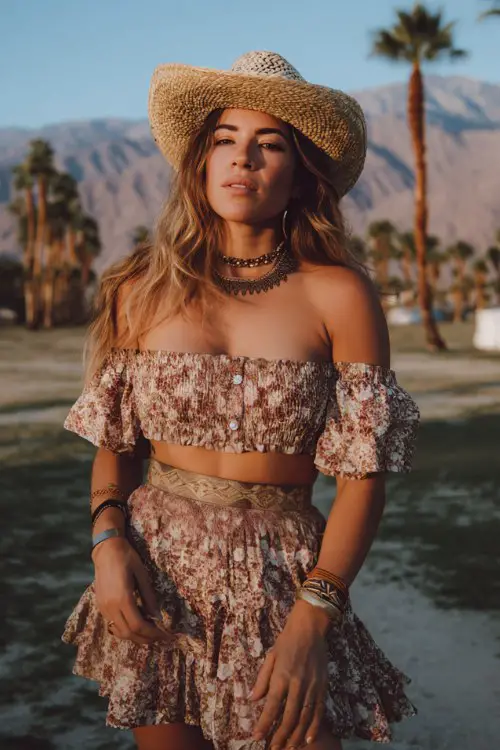 woman wearing a floral off-shoulder crop top and tiered mini skirt set, western bohemian accessories, stacked necklaces, straw cowboy hat, leather belt