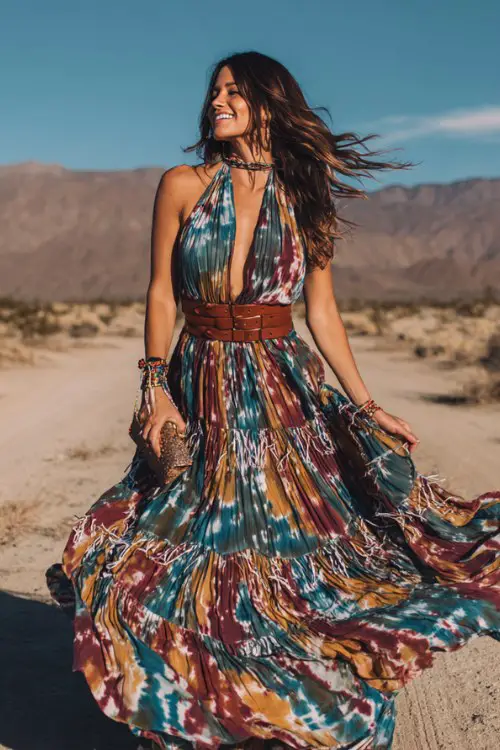 woman wearing a flowing tie-dye maxi dress with halter neckline and fringe hem, brown leather belt at the waist