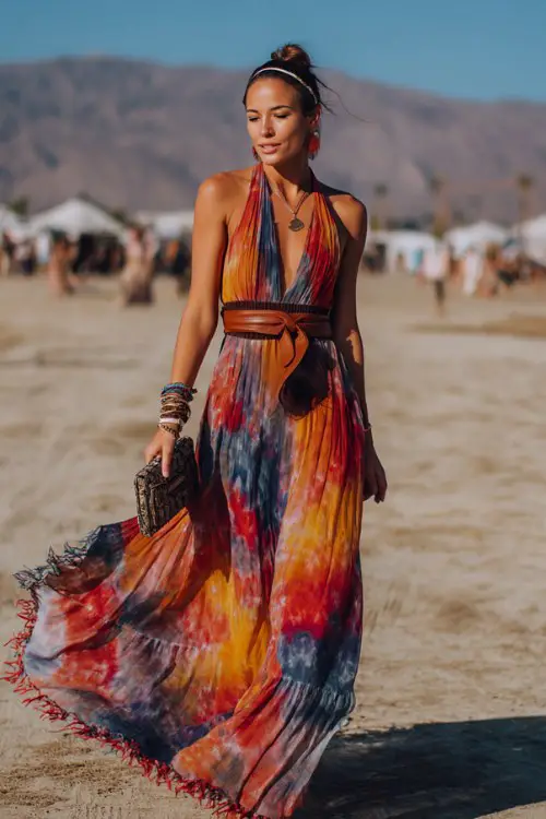 woman wearing a flowing tie-dye maxi dress with halter neckline and fringe hem, brown leather belt at the waist