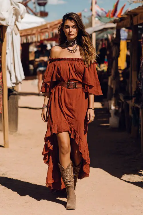woman wearing a rust colored off-shoulder high-low maxi dress with ruffled sleeves, western belt, cowboy boots, layered choker necklaces