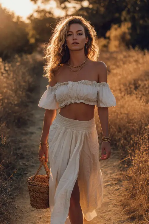 woman wearing a white off-shoulder ruffle crop top and a flowing high slit bohemian skirt, woven straw bag