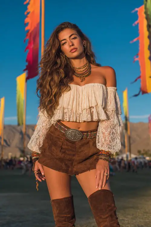woman wearing an off-shoulder cream lace ruffle crop top, high-waisted brown leather shorts with thigh-high brown suede boots