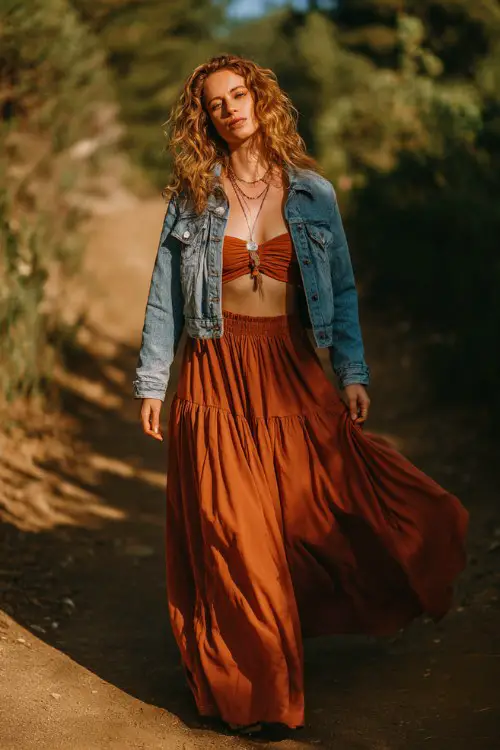 woman wearing cropped denim jacket over a fitted bandeau top and flowing rust colored bohemian maxi skirt, layered pendant necklace