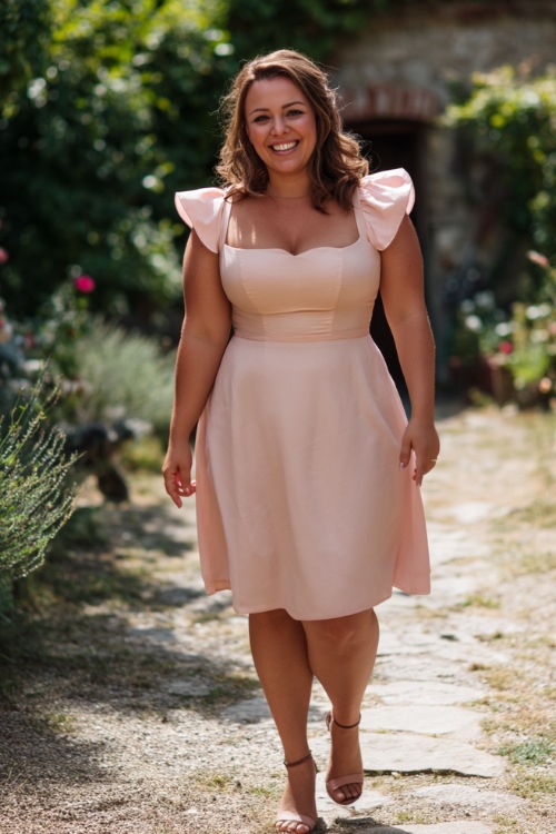 A plus-size woman in a blush pink tea-length dress with a square neckline and short flutter sleeves, walking across a garden pathway at a casual summer wedding