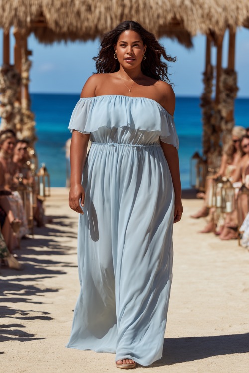 A plus-size woman in a light blue off-the-shoulder maxi dress with a flowing skirt and ruffle overlay, walking along a sunlit beach wedding aisle