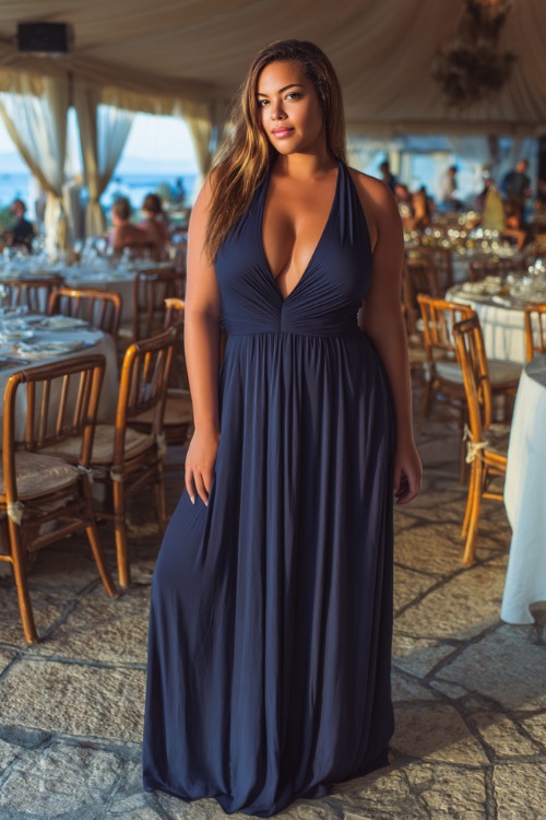 A plus-size woman in a navy blue sleeveless maxi dress with a deep V-neck and empire waist, standing by a beachside wedding reception setup 