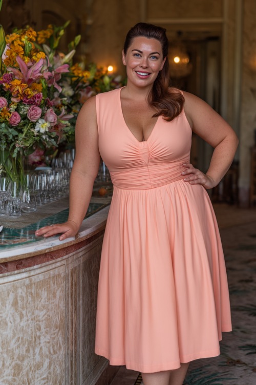 A plus-size woman in a peach midi-length A-line dress with pleats and a modest neckline, standing next to a reception table decorated with fresh summer florals