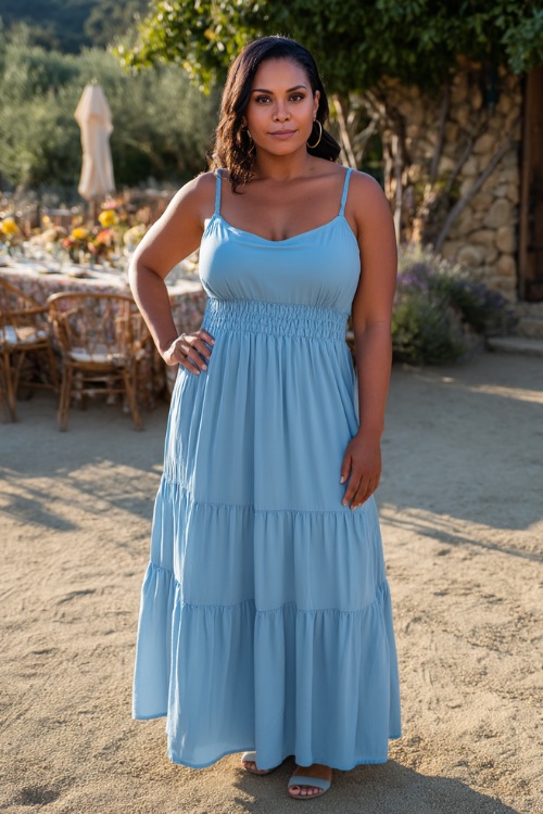A plus-size woman in a powder blue tiered maxi dress with thin straps and a gentle scoop neckline, posing at the edge of a casual outdoor reception