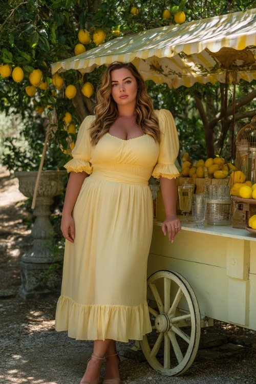 A plus-size woman in a soft yellow midi dress with puff sleeves and ruffle hem, standing near a lemon-themed summer wedding refreshment cart