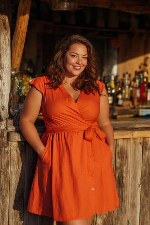 A plus-size woman in a sunset orange midi dress with cap sleeves and a tie waist, standing next to a rustic wooden wedding bar 
