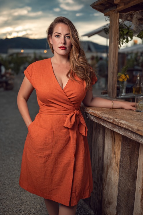 A plus-size woman in a sunset orange midi dress with cap sleeves and a tie waist, standing next to a rustic wooden wedding bar