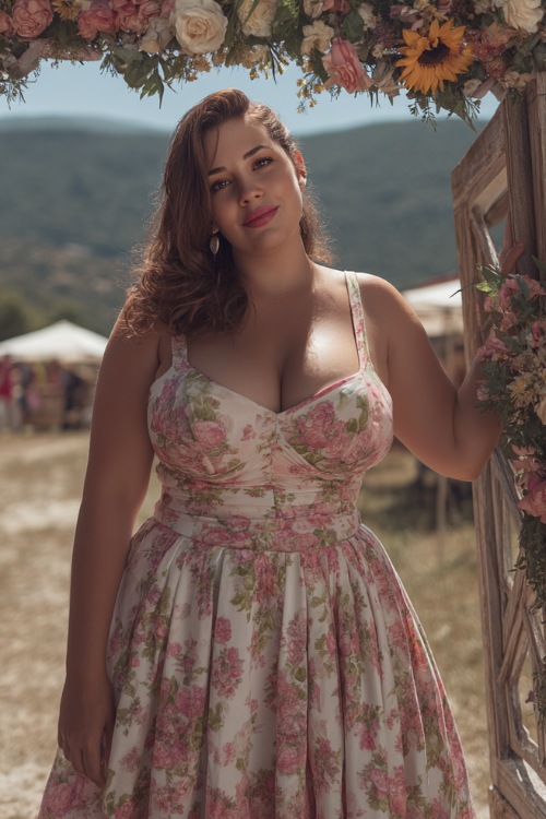 A plus-size woman in a white and pink floral A-line dress with a sweetheart neckline and thick straps, posing near a countryside wedding ceremony setup 