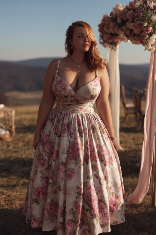 A plus-size woman in a white and pink floral A-line dress with a sweetheart neckline and thick straps, posing near a countryside wedding ceremony setup