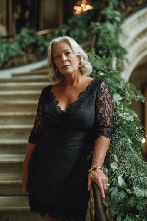 A plus-size woman over 50 in a black cocktail dress with a scalloped hem and elbow-length lace sleeves, standing beside a grand wedding staircase decorated with greenery
